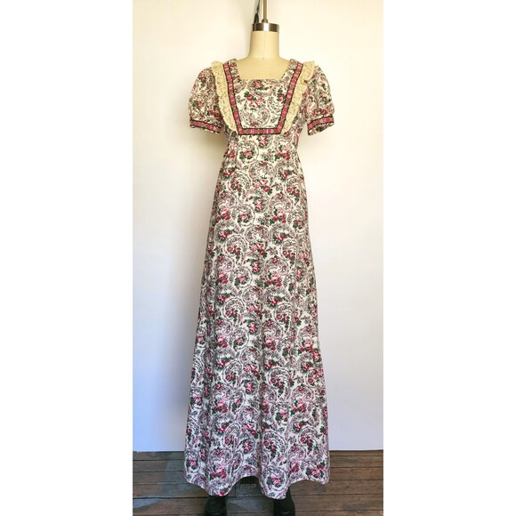 70s Floral Maxi Dress - Prairie Peasant Dress - Gunne Style Dress - Romantic XS - Picture 5 of 9